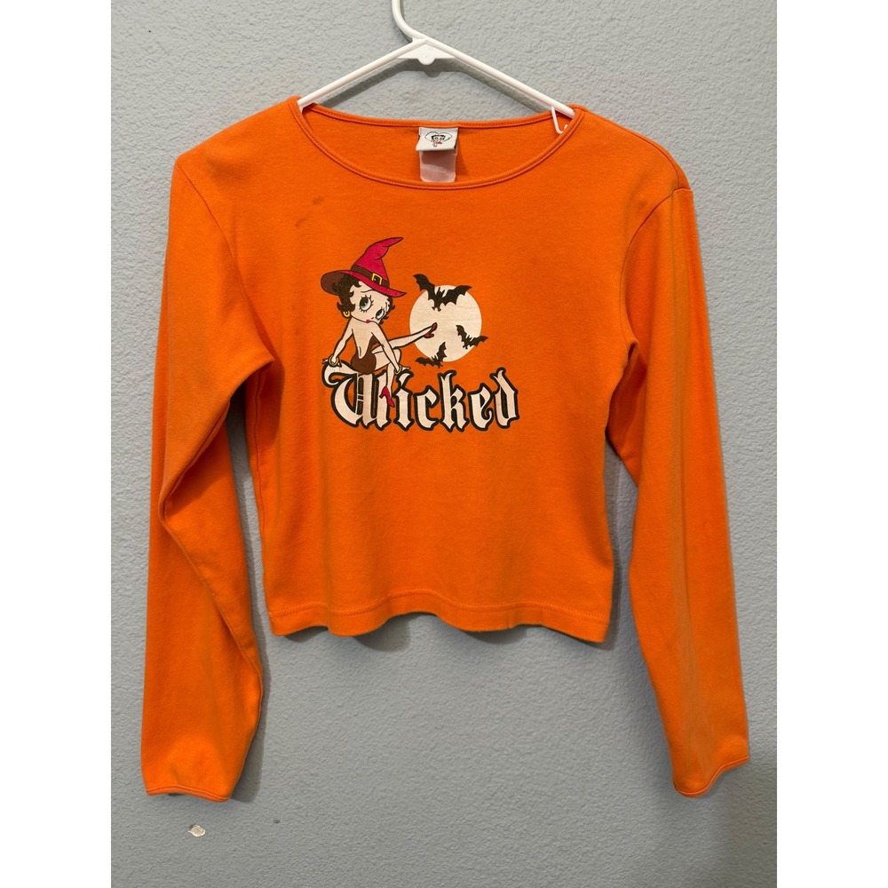 Vintage 2004 Betty Boop Tee M Wicked Witch Halloween Orange Long Sleeve Crop Top